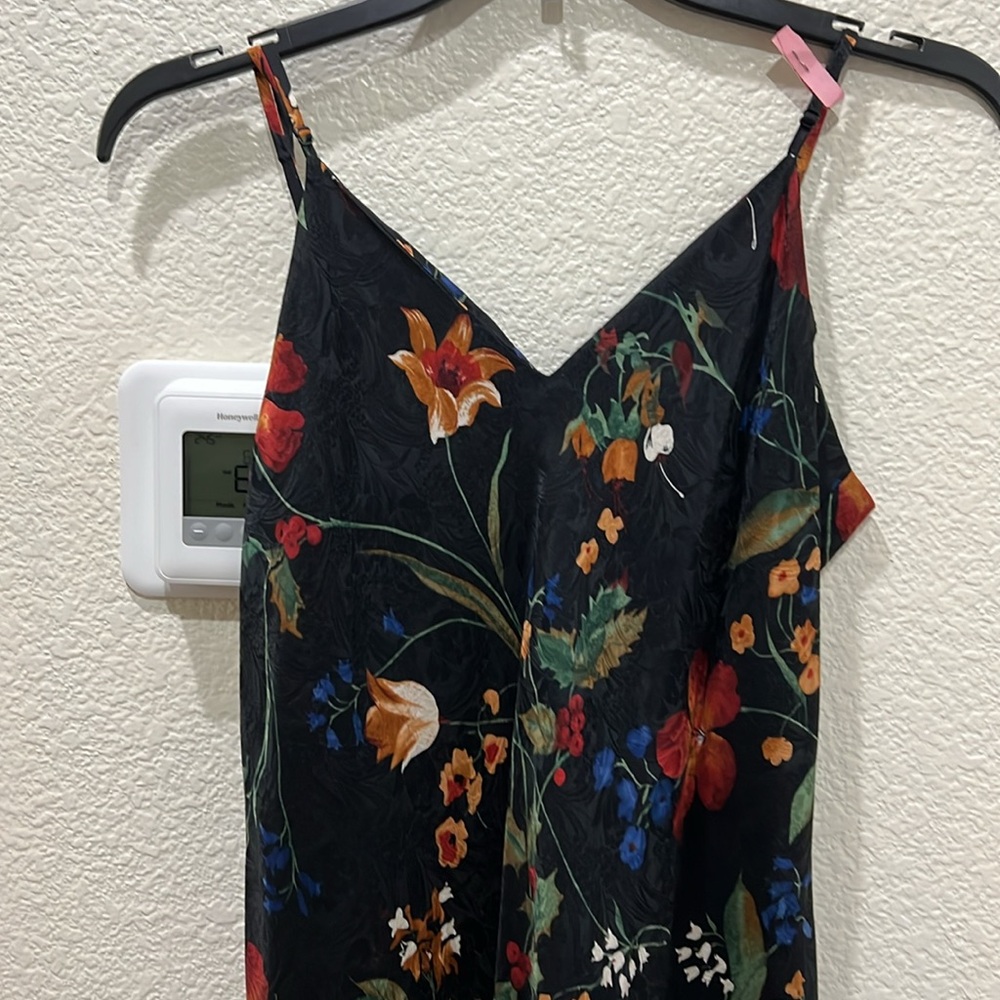 Silx Black Floral Silk Midi Slip Dress with Adjustable Spaghetti Straps